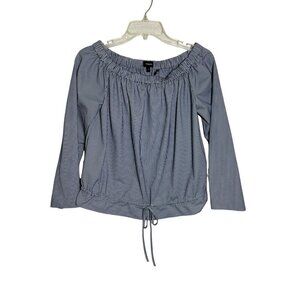 Theory Womens Striped Off-Shoulder seersucker Drawstring Top Small blue white